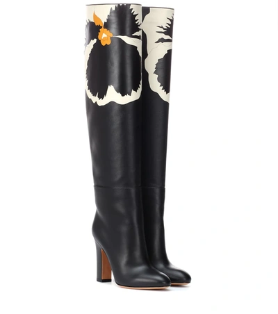 Valentino Garavani Floral Knee High Boots In Black