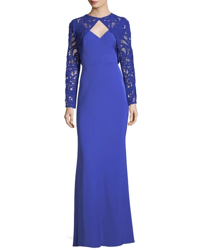 Tadashi Shoji Long-sleeve Lace Bolero Column Gown In Medium Blue