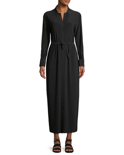 Norma Kamali Long-sleeve Maxi Shirtdress W/ Belted Waist In Black