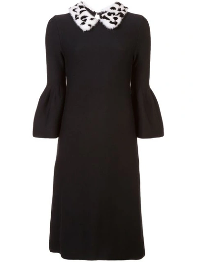 Carolina Herrera Bell-sleeve A-line Stretch-wool Knit Dress W/ Fur Collar In Black