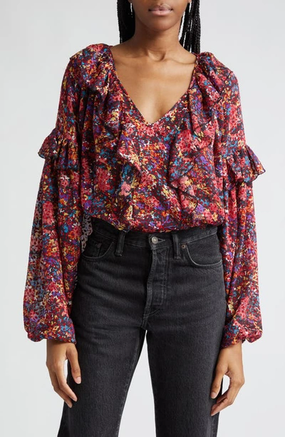 Ramy Brook Lana Floral Print Ruffle Top In Soiree Red French Floral