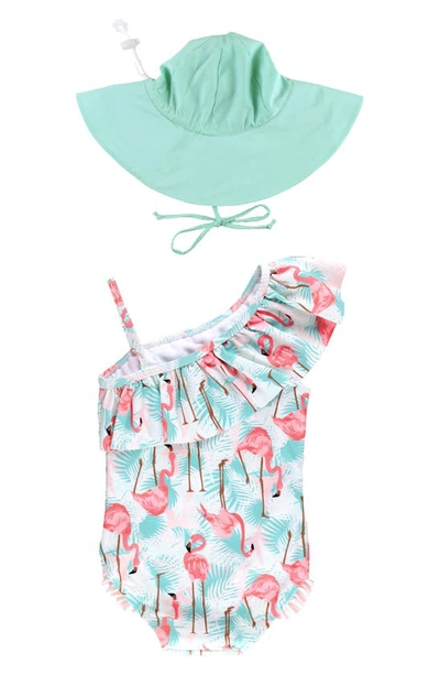 Rufflebutts Babies' Flamingo Print One-piece Swimsuit & Hat Set In Multi-color