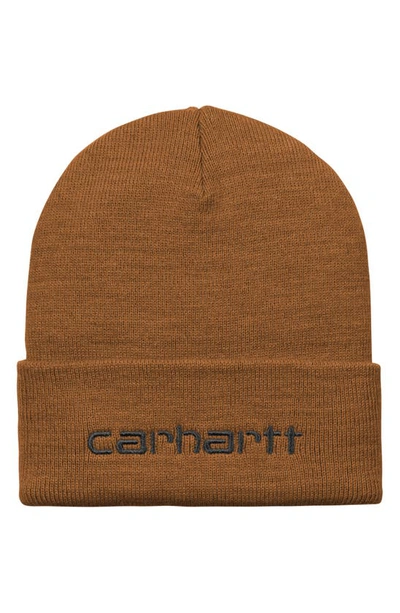 Carhartt Script Logo Cuff Beanie In Deep H Brown / Black