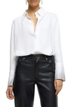 River Island Hotfix Crystal Cuff Satin Button-up Shirt In White