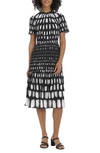 Maggy London Abstract Print Tiered Midi Dress In Black/ Ivory/ Gray