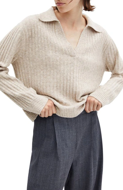 Mango Johnny Collar Rib Sweater In Light Pastel Grey