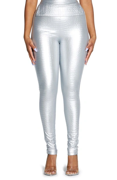 Naked Wardrobe Oh So Tight Crocodile Faux Leather Leggings In Silver