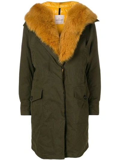 Moncler Hypolais Trench Coat W/ Fur Lining In Green