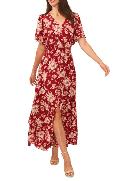 Cece Floral Smocked Waist Maxi Dress In Mulberry Red