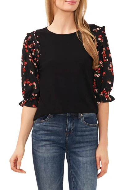 Cece Floral Ruffle Sleeve Mixed Media Top In Rich Black