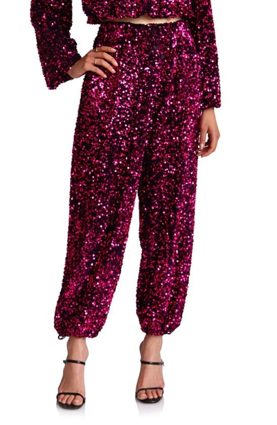 Avec Les Filles High Waist Sequin Joggers In Gold Ruby