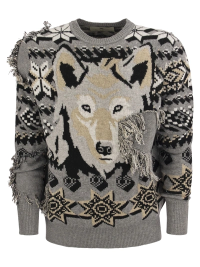 Etro Jacquard Jumper Inlaid With Wolf In Grey
