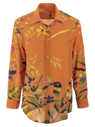 Etro Ramage Floral Silk Shirt In Orange