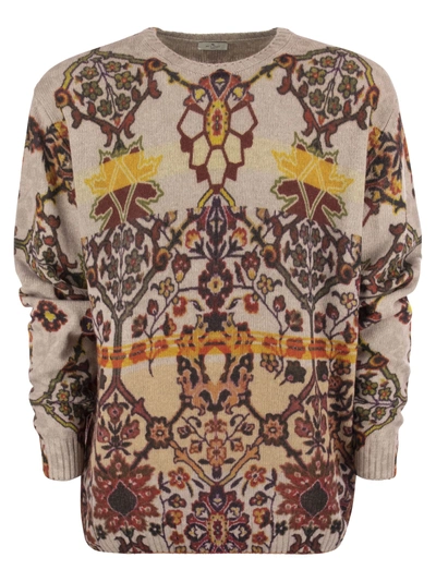 Etro Virgin Wool Sweater With Print In Beige