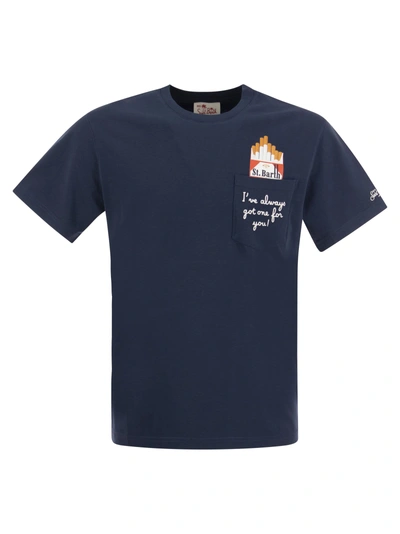 Mc2 Saint Barth Cigarette T Shirt With Embroidery On Pocket In Blue