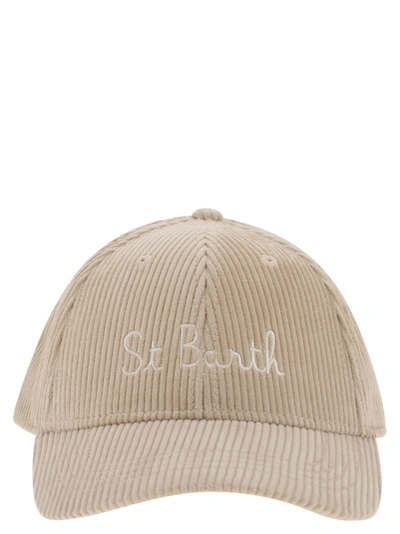 Mc2 Saint Barth Corduroy Baseball Cap With Embroidery In Beige