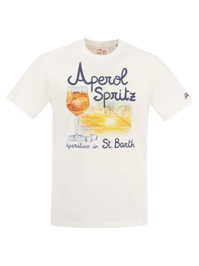 Mc2 Saint Barth Cotton T Shirt With Aperol Spritz Print In White