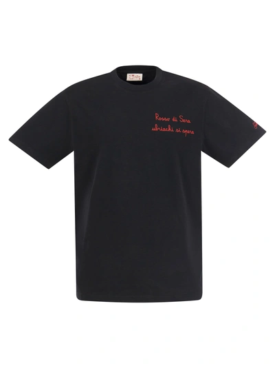 Mc2 Saint Barth Cotton T Shirt With Embroidered Sera Ubriachi Lettering In Black
