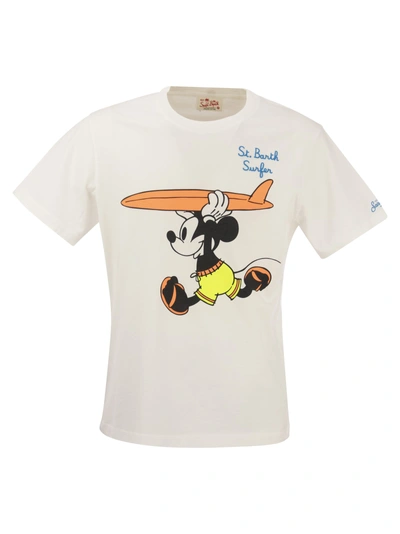 Mc2 Saint Barth Cotton T Shirt With Mickey M. Surfer Print In White