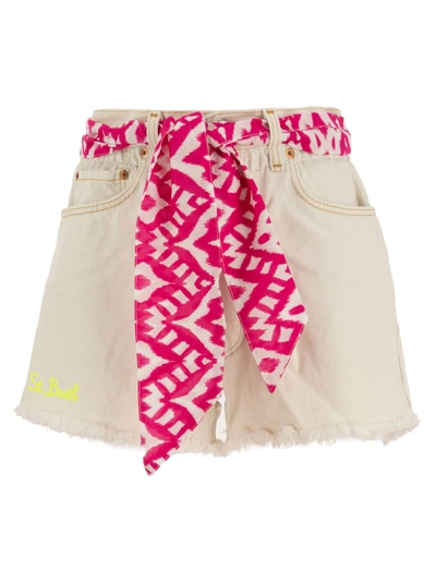 Mc2 Saint Barth Denim Shorts With Embroidery And Scarf In White