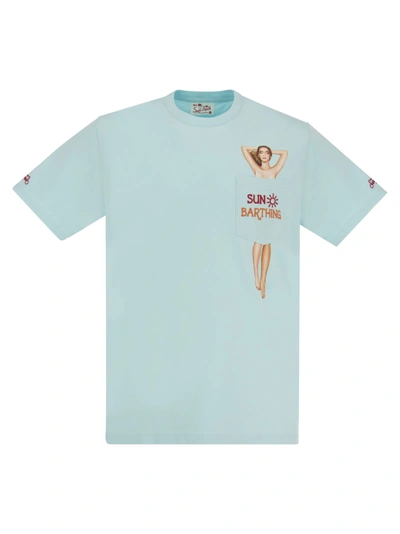 Mc2 Saint Barth Sunbarthing T Shirt With Embroidery On Pocket In Light Blue