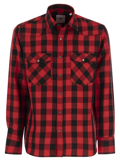 Pt Pantaloni Torino Checked Shirt In Cotton And Linen Blend In Red