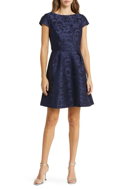 Eliza J Metallic Floral Jacquard Fit & Flare Dress In Navy