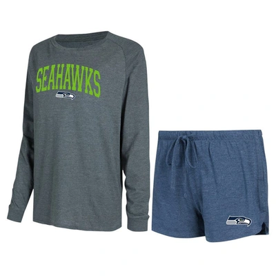 Concepts Sport Navy/charcoal Seattle Seahawks Raglan Long Sleeve T-shirt & Shorts Lounge Set