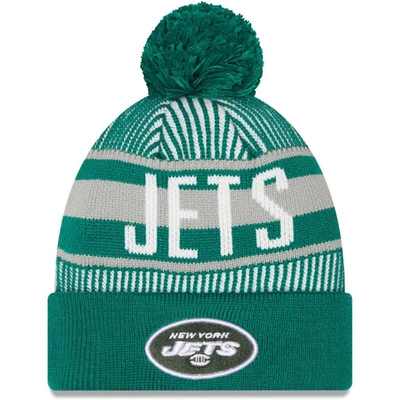 New Era Green New York Jets Striped Cuffed Knit Hat With Pom