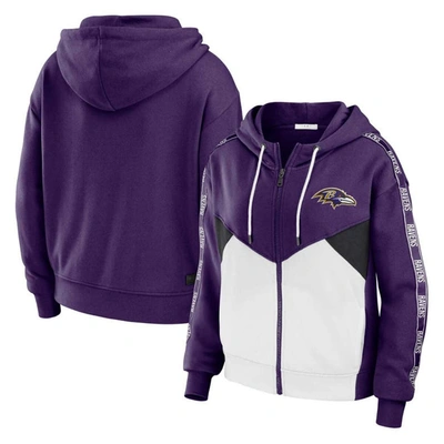 Wear By Erin Andrews Women's  Purple, White Baltimore Ravens Plus Size Color Block Full-zip Hoodie In Purple,white