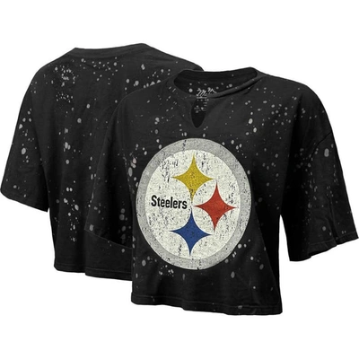 Majestic Threads Black Pittsburgh Steelers Bleach Splatter Notch Neck Crop T-shirt