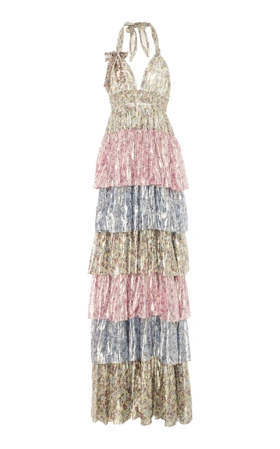 Loveshackfancy Clarissa Tiered Floral Silk-blend Lamé Maxi Dress In Pink