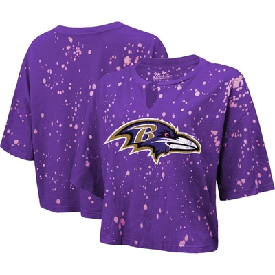 Majestic Threads Purple Baltimore Ravens Bleach Splatter Notch Neck Crop T-shirt