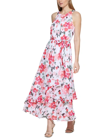 Calvin Klein Womens Floral Print Tea Length Halter Dress In Pink