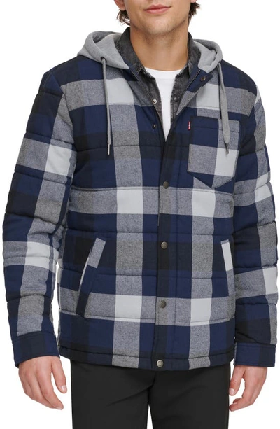 Levi's® Quilted Plaid Hooded Shacket In Cream/ Navy Plaid