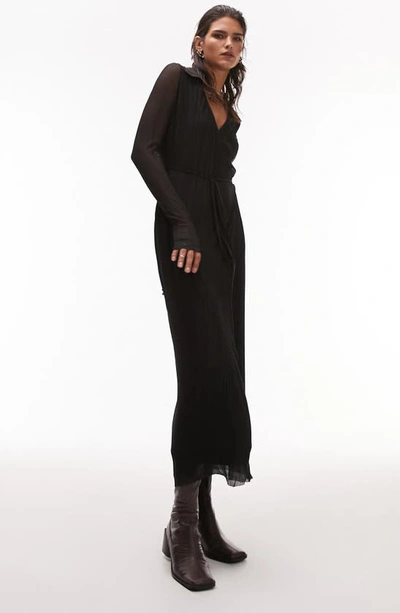 Topshop Long Sleeve Plissé Midi Wrap Dress In Black