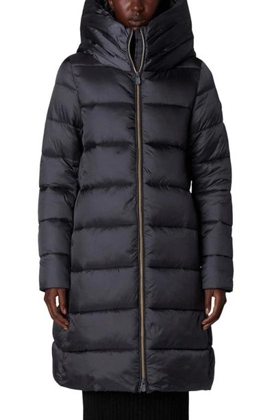 Save The Duck Lysa Quilted Hooded Longline Coat In Ebony Grey