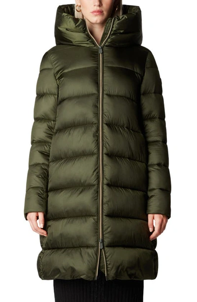 Save The Duck Lysa Quilted Hooded Longline Coat In Pine Green