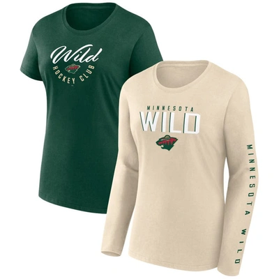 Fanatics Branded  Green/cream Minnesota Wild Long And Short Sleeve Two-pack T-shirt Set In Green,cream