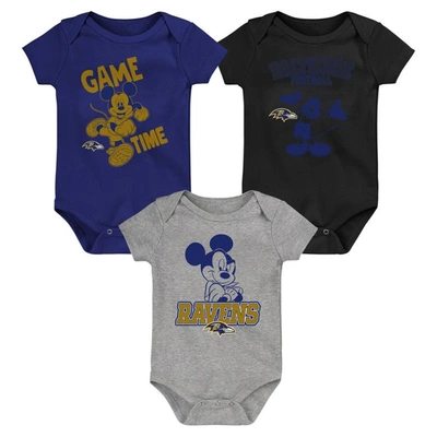 Outerstuff Babies' Newborn & Infant Purple/black/gray Baltimore Ravens Three-piece Disney Game Time Bodysuit Set