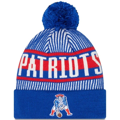 New Era Royal New England Patriots Striped Cuffed Knit Hat With Pom