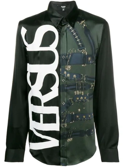 Versus Belts & Logo Printed Silk Satin Shirt In Black