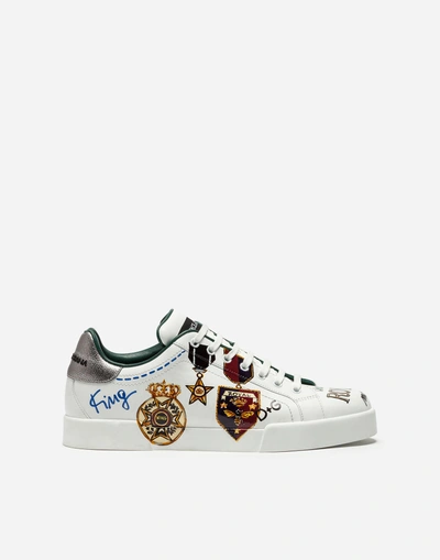 Dolce & Gabbana Portofino Sneakers In Printed Calfskin In White