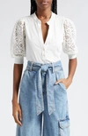 Veronica Beard Coralee Mixed Media Cotton Top In Off White