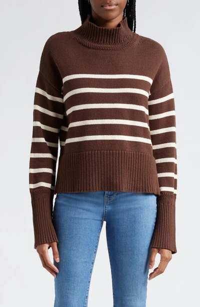 Veronica Beard Lancetti Stripe Cotton Mock Neck Sweater In Chicory Ecru