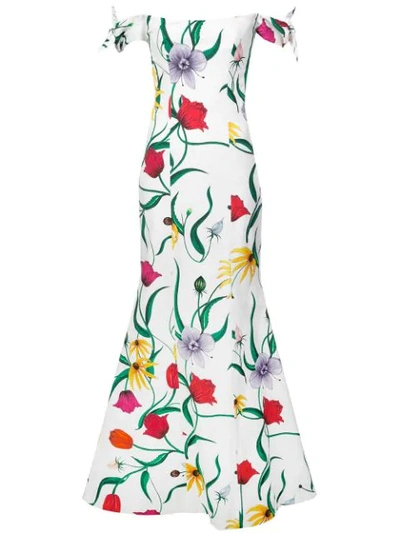 Carolina Herrera White Multicolor Off The Shoulder Floral Gown