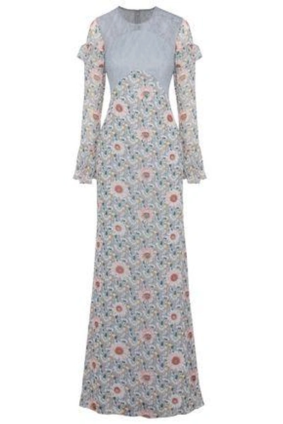 Mikael Aghal Lace-paneled Floral-print Chiffon Gown In Gray