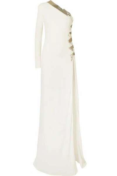 Dundas One-shoulder Tulle-trimmed Embellished Crepe Gown In White
