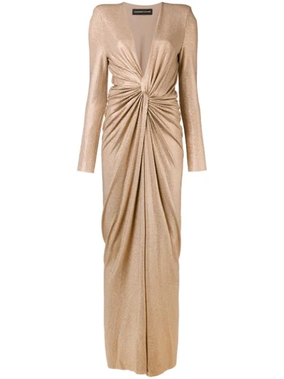 Alexandre Vauthier Plunging Long-sleeve Knot-front Sparkle-jersey Evening Gown In Gold