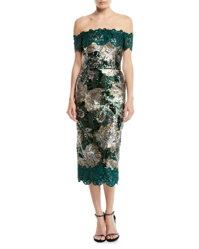 Marchesa Notte Off-the-shoulder Sequined Peony Cocktail Dress With Guipure Lace Trim